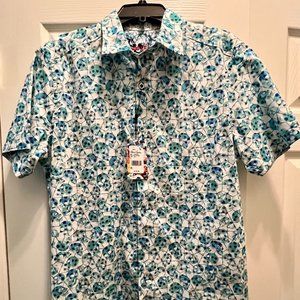 ROBERT GRAHAM Clarkston Classic Fit Shirt Teal Blue Skulls Short Sleeve - sz. L